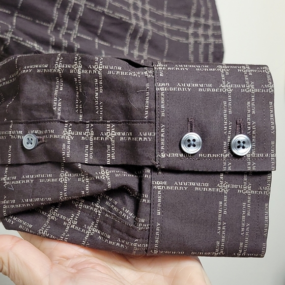 Burberry London Men's Button Up Brown Spellout Micro stripe Plaid Shirt Sz L - Picture 5 of 11